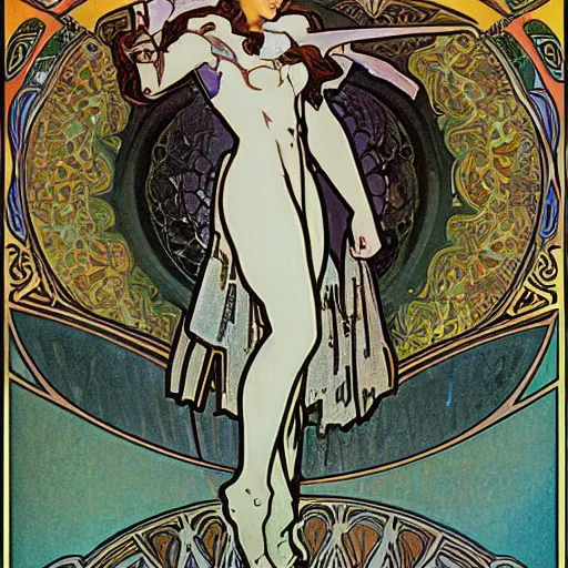 Prompt: battle angel, painted by alphonse mucha
