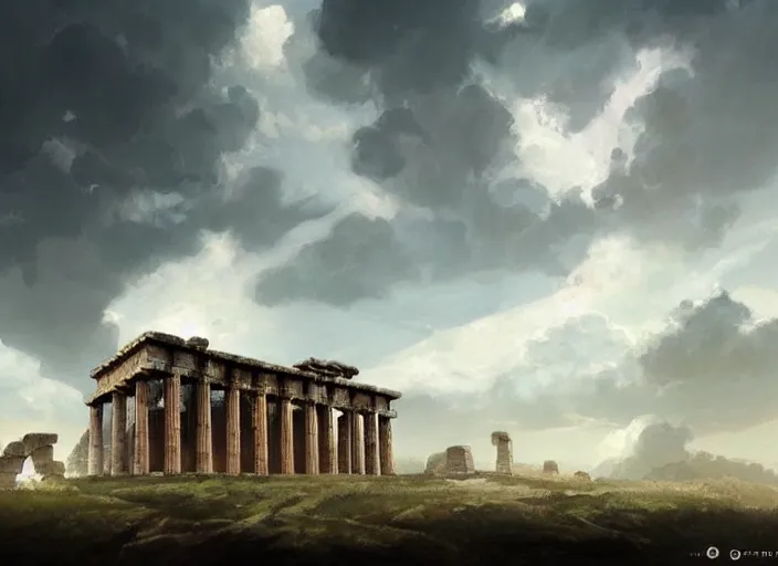 Image similar to 'Ancient Greek Temple in the Clouds', anime, a fantasy digital painting by Greg Rutkowski and James Gurney, trending on Artstation, highly detailed