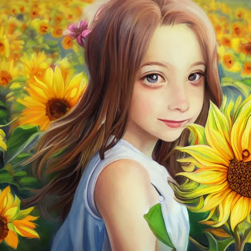 Image similar to a beautiful painting of young girl holding a sunflower and smiling,anime,artstation,highly detailed