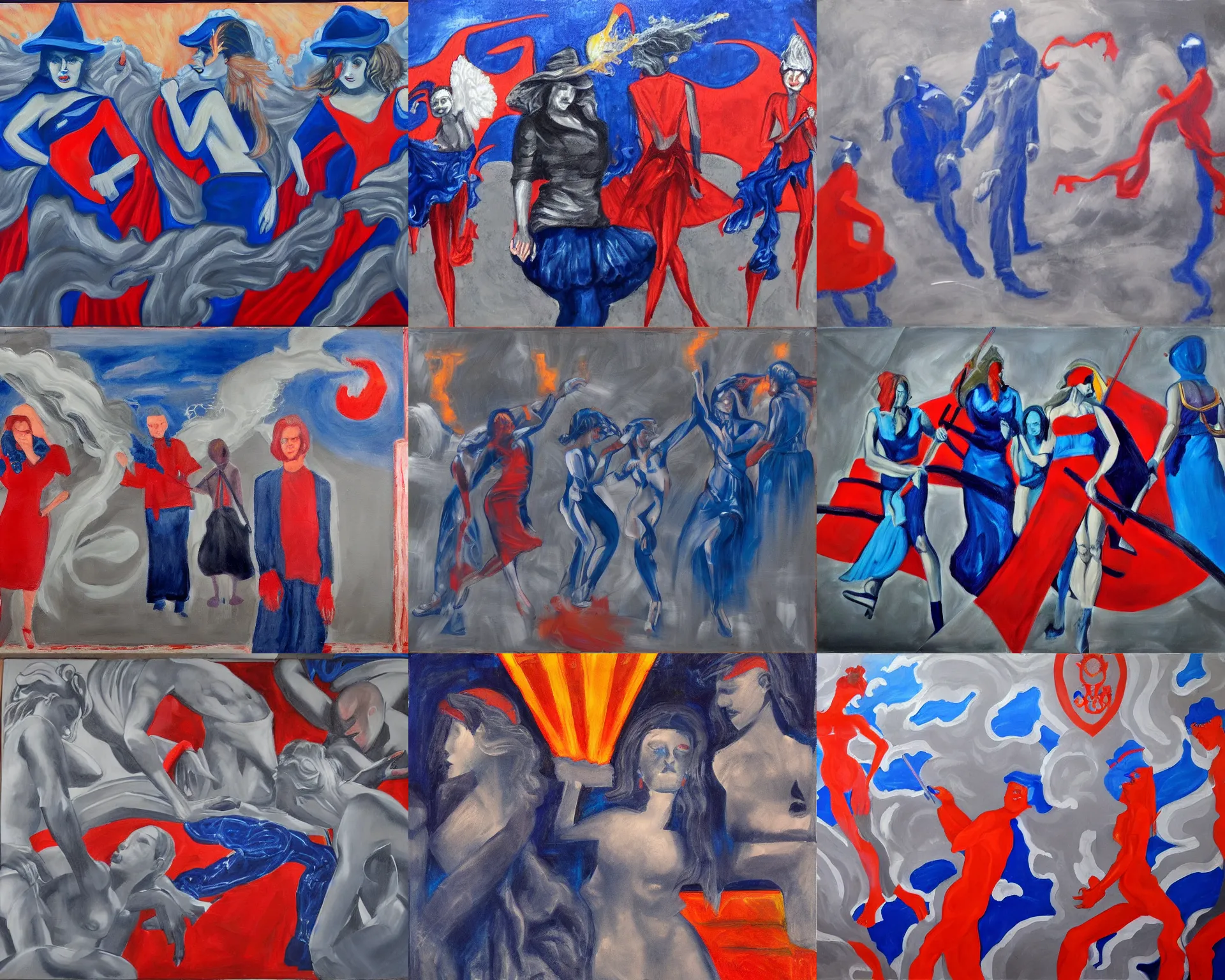 Prompt: fema wizards fighting a hurricane, painting in luminist style, american realism, figurative art, sirens, flares, gritty, cobalt blue, payne's grey, venetian red