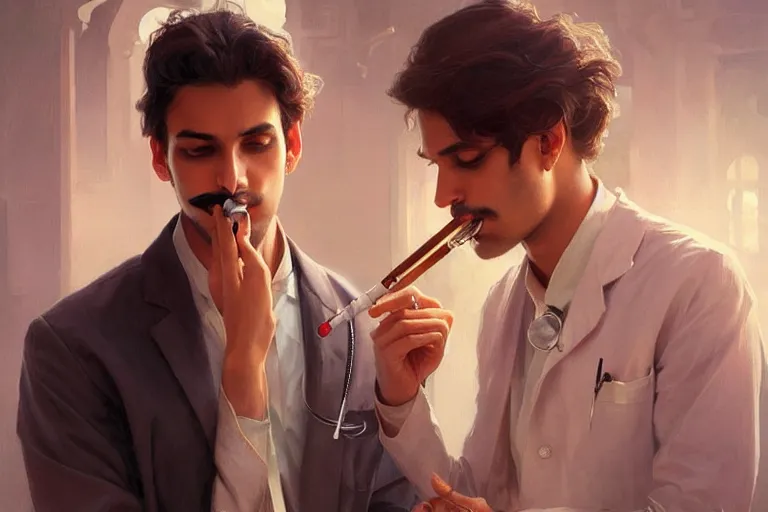 Prompt: Anxious good looking pale young Indian doctors smoking, portrait, elegant, intricate, digital painting, artstation, concept art, smooth, sharp focus, illustration, art by artgerm and greg rutkowski and alphonse mucha