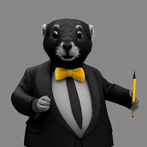 Prompt: cute anthro marmot in a black tuxedo while holding a yellow pencil in the left hand, digital art, 3 d rendered in octane, blender, maya, shadows, lighting