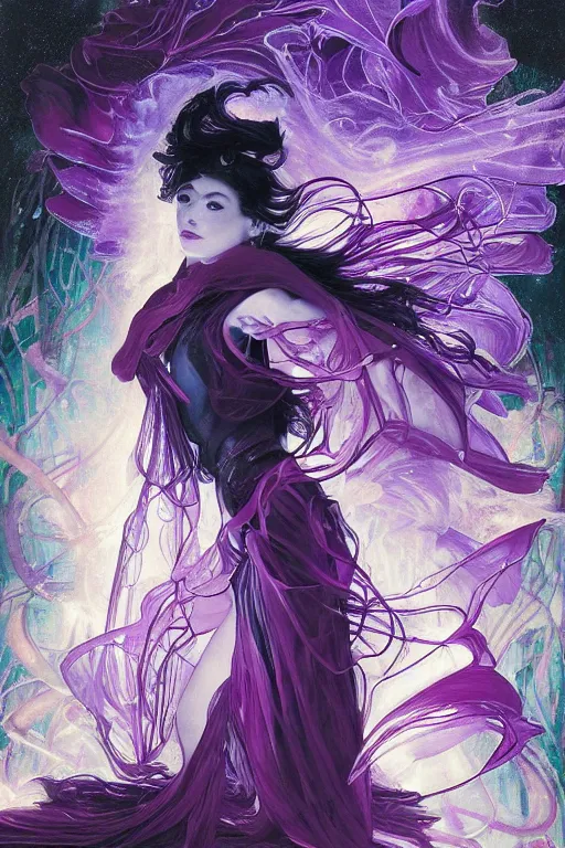 Prompt: she dreams of arcs of purple flame intertwined with glowing sparks, glinting particles of ice, dramatic lighting, steampunk, secret holographic cyphers, red flowers, bright neon solar flares, high contrast, smooth, sharp focus, art nouveau, painting by Caravaggio and Yoshitaka Amano and ruan jia and greg rutkowski and Alphonse Mucha