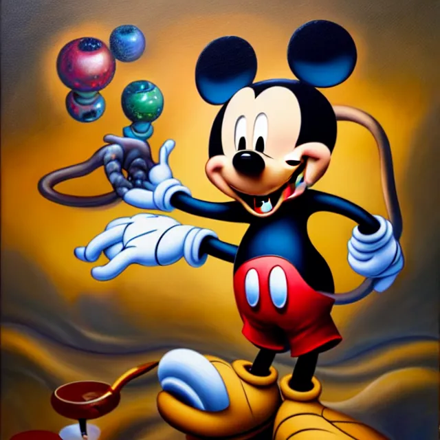 Prompt: an oil on canvas portrait painting of mickey mouse, polycount, surrealism, surrealist, lovecraftian, cosmic horror, high detail