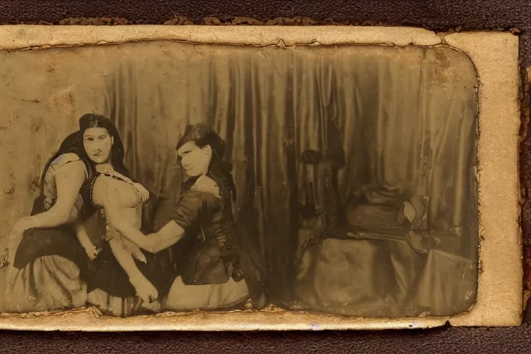 Prompt: a ferrotype photo of a nasty brothel bar fight between Kim Kardashian and Queen Latifa circa 1850's