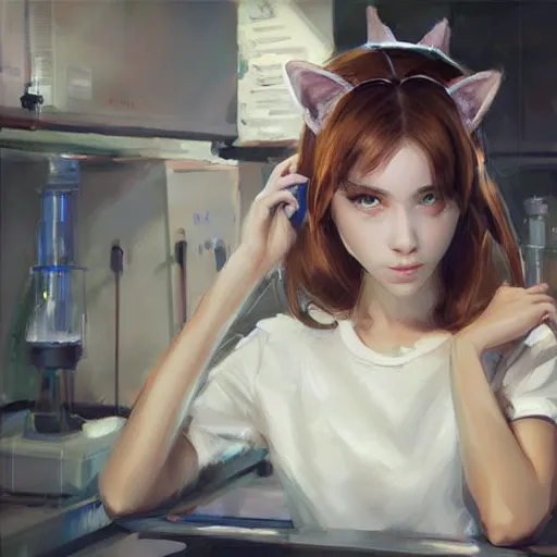 Prompt: girl with cat ears in a biology lab, by WLOP, by Artgerm, by Michael Garmash, by Rob Rey, digital art, trending on artstation, beautiful lightning, atmospheric, fantasy