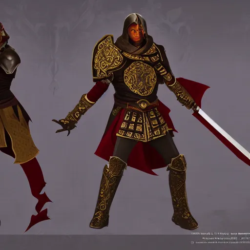 Prompt: <@​151454530947514369> dynamic portrayal of a traveler clad in a brown cloak wielding an ornate red falchion dueling a knight clad in full plate armor with no helmet, wielding a longsword, epic, fantasy art, 4k, unreal engine, volumetric lighting