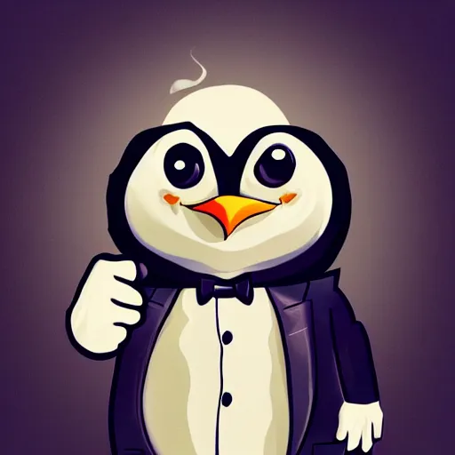 Image similar to selfie of a groovy penguin in a suit, blue penguin, hair, godfather, photo realistic, symmetrical, dark background, smoke, realistic, highly detailed, trending on artstation,