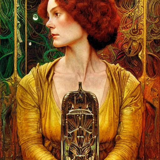 Prompt: renaissance portrait of an art deco machine priestess, reflective detailed textures, highly detailed fantasy science fiction painting by annie swynnerton and jean delville and moebius, norman rockwell and william holman hunt. modern industrial shaman, rich colors, high contrast. artstation