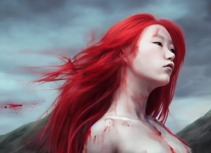 Image similar to landscape, portrait painting beautiful realism, a japanese girl red hair in armor who was sprawled out was about to rise, his face covered in blood. cinematic scene, good lighting, fine art, trending on artstation, smooth draw, sharp focus.