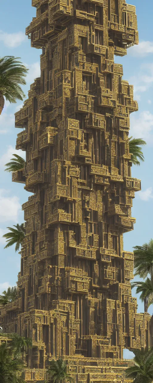 Image similar to photorealistic eye level view of a contemporary babylon tower, golden intricate details, stone facade, sacred ancient architecture, hanging gardens, cascading highrise, arid mountains with lush palm forest, sunlight, post - production, octane, cgi, sfx