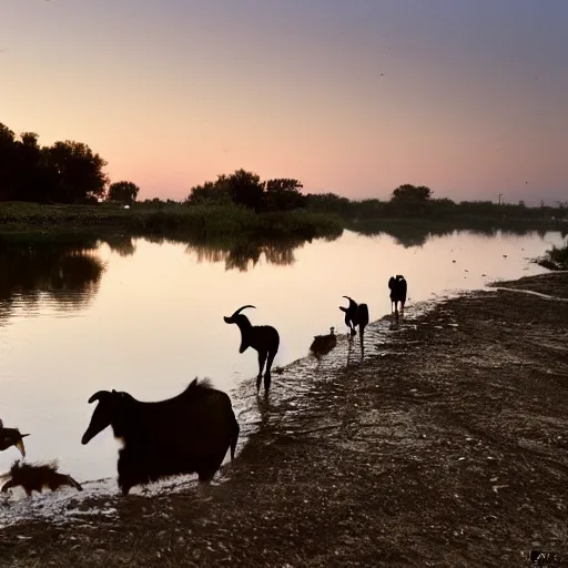 Image similar to National Geographic photograph of a sewage river with feces and goats at dawn