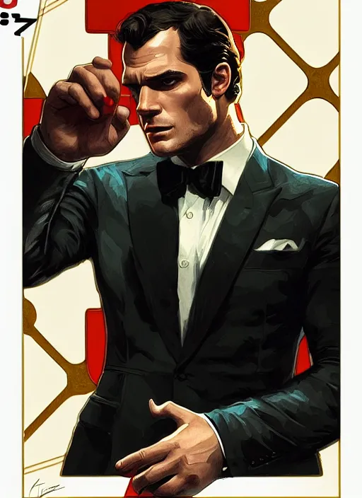 Image similar to portrait of henry cavill as james bond, casino, falling poker cards, key art, highly detailed, digital painting, artstation, concept art, cinematic lighting, sharp focus, illustration, art by artgerm and greg rutkowski and alphonse mucha