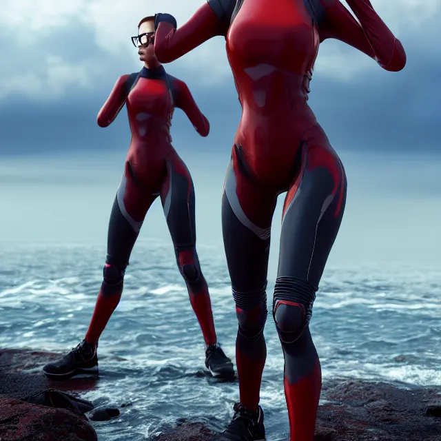 Prompt: full body shot, techwear outfit hero pose of a beautiful red - brow haired girl with very light skin and glasses with ocean in the background, highly detailed, 8 k, hdr, digital art, octane render, neo classical appeal award - winning, trending on artstation, ann stokes