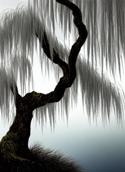 Image similar to nature photograph of a weeping willow with black bark and silver leaves sitting on a cliff in the distance in the style of stefan kostic, realistic, half body shot, sharp focus, 8 k high definition, insanely detailed, intricate, elegant, art by stanley lau and artgerm, luis royo, cloudy background