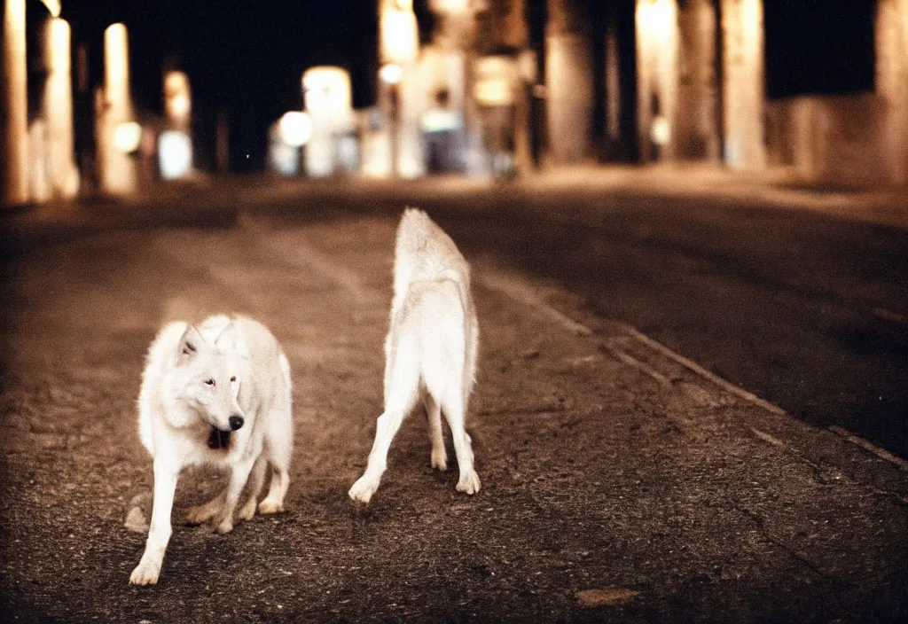 Prompt: lomo photo of a white wolf in empty dark street, cinestill, bokeh, out of focus, night, dramatic lighting, streetlight