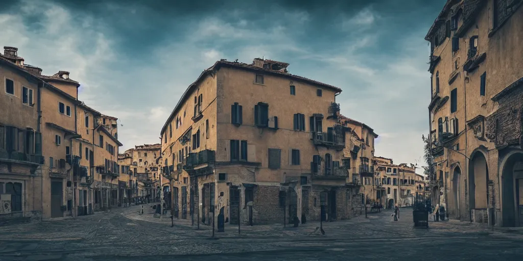 Prompt: street shot of a flying city, phalanster, comune houses, telephoto, anamorphic cinematography, volumetric lighting