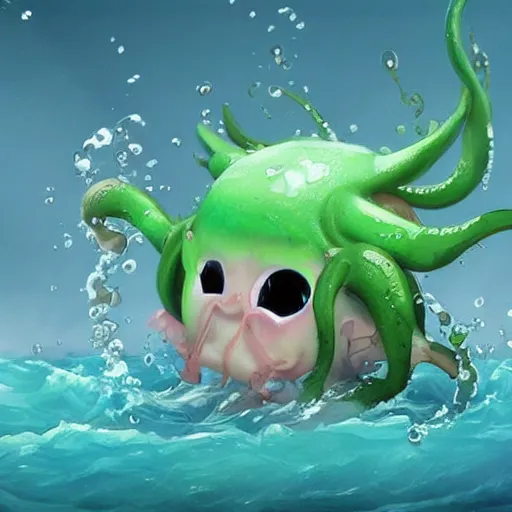 Image similar to cute baby cthulu splashing in the ocean, trending on artstation