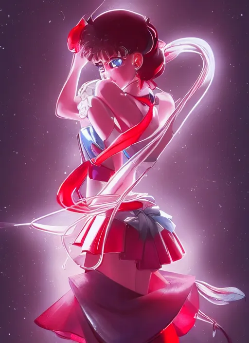 Image similar to sailor moon possing, fluent composition, red and white neon, concept art, ambient light, 4 k, intricate details, highly professionally detailed, cgsociety, highly detailed -