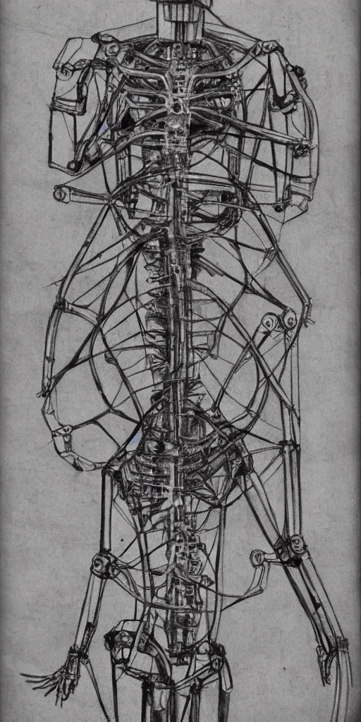 Image similar to full body of Westworld robot anatomy sketch by Leonardo da Vinci, the vitruvian man style, highly detailed pencil drawing, old sketch, rule of thirds