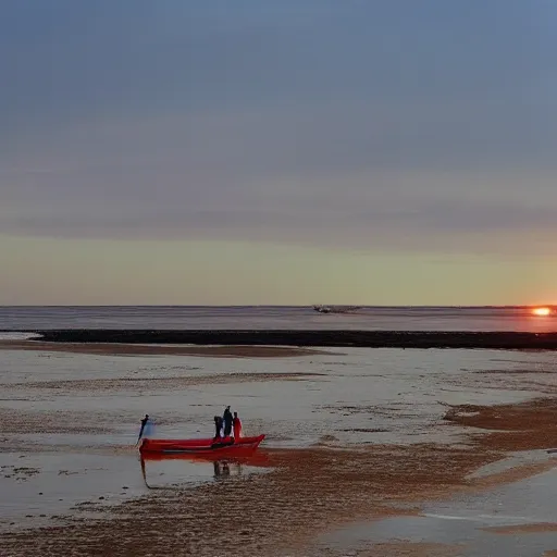 Image similar to sailboat stuck on sandbar at low tide, sunset, star wars ewoks helping to push it in water, ewoks