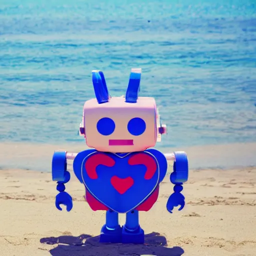 Image similar to a cute robot smiling holding heart balloons in the beach