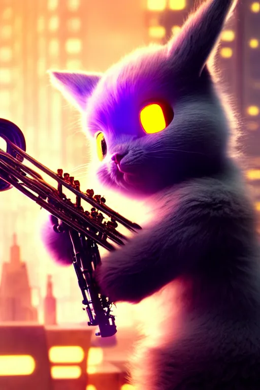 Prompt: high quality 3 d render very cute fluffy cyborg!! cat plays trumpet, cyberpunk highly detailed, unreal engine cinematic smooth, in the style of blade runner & detective pikachu, hannah yata charlie immer, moody light, low angle, uhd 8 k, sharp focus