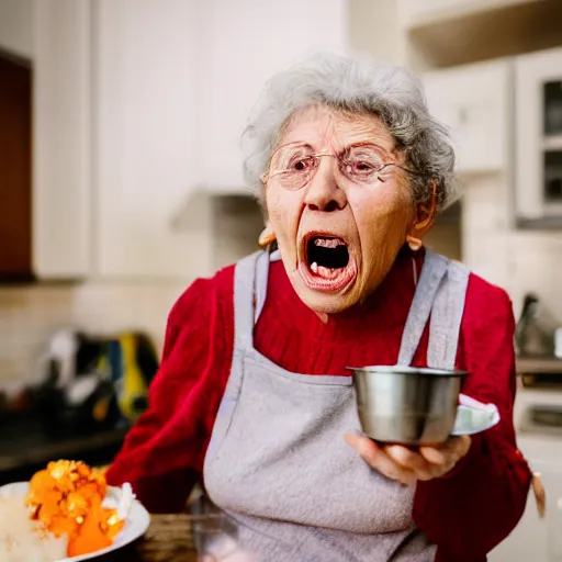 Image similar to elderly woman screaming at soup, canon eos r 3, f / 1. 4, iso 2 0 0, 1 / 1 6 0 s, 8 k, raw, unedited, symmetrical balance, wide angle