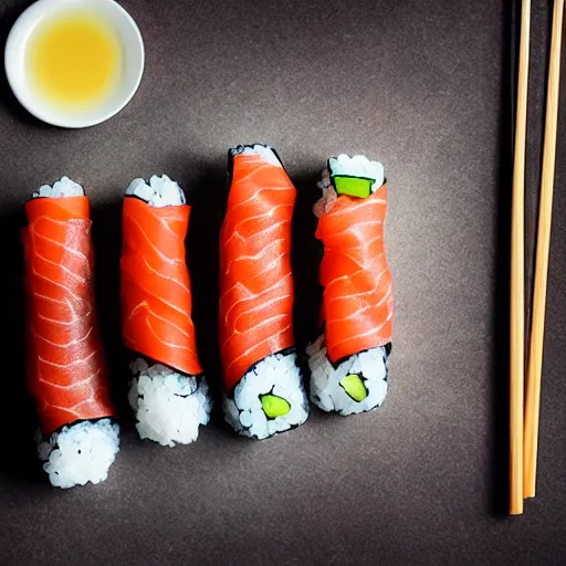 Prompt: studio photography of a plate of sushi rolls drizzled with dark syrup, chopsticks nearby, award winning photograph