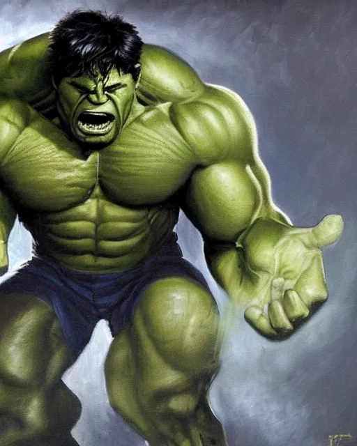 Prompt: a moody painting of the incredible hulk looking angry and breaking through a brick wall