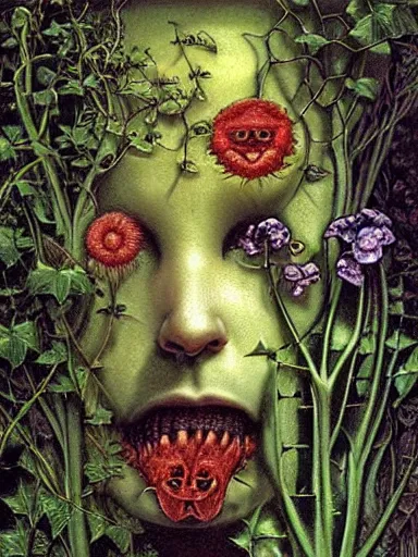 Prompt: The Hanging-Gardens of Pareidolia, lobelia, ivy, verbena and pothos growing facial features and optical-illusions, aesthetic!!!!!!!!!!, by Gerald Brom in the style of Johfra Bosschart in the style of,