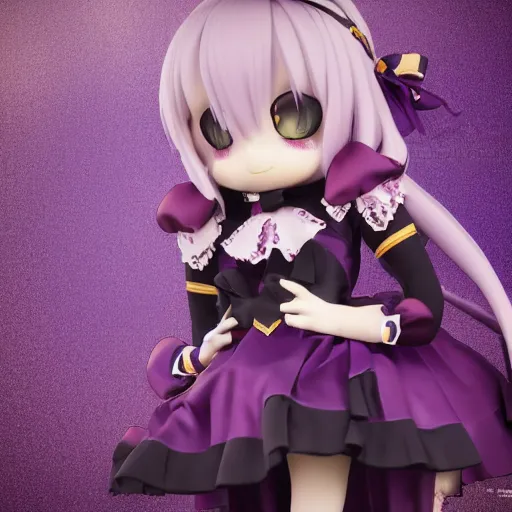 Image similar to cute fumo plush of a gothic maiden in a dark purple uniform with gold highlights, laces and ribbons, soft shadow, anime girl, vray, symmetry, white frame