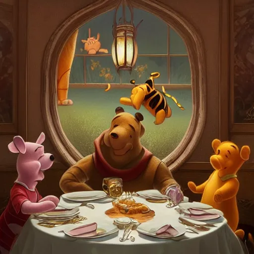 Prompt: Winnie the Pooh invites Tiger and Piglet to dine in a very fancy restaurant. Elegant, intricate, digital painting, artstation, concept art, smooth, sharp focus, illustration, art by artgerm and greg rutkowski and alphonse mucha