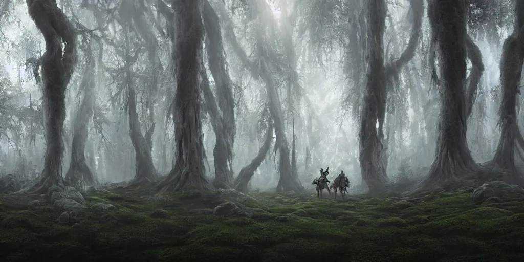 Image similar to beautiful majestic artstation cinematic matte painting of a knight in armour in a foggy forest with giant twisted mossy trees