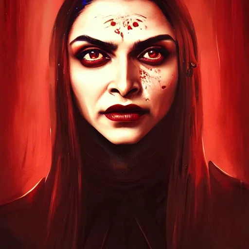 Prompt: portrait of deepika padukone upper body in bloody business suit, blood red eyes, vampire fangs, fantasy, intricate, elegant, highly detailed, digital painting, artstation, concept art, matte, sharp focus, illustration, art by aenaluck and roberto ferri and greg rutkowski, epic fantasy, digital painting