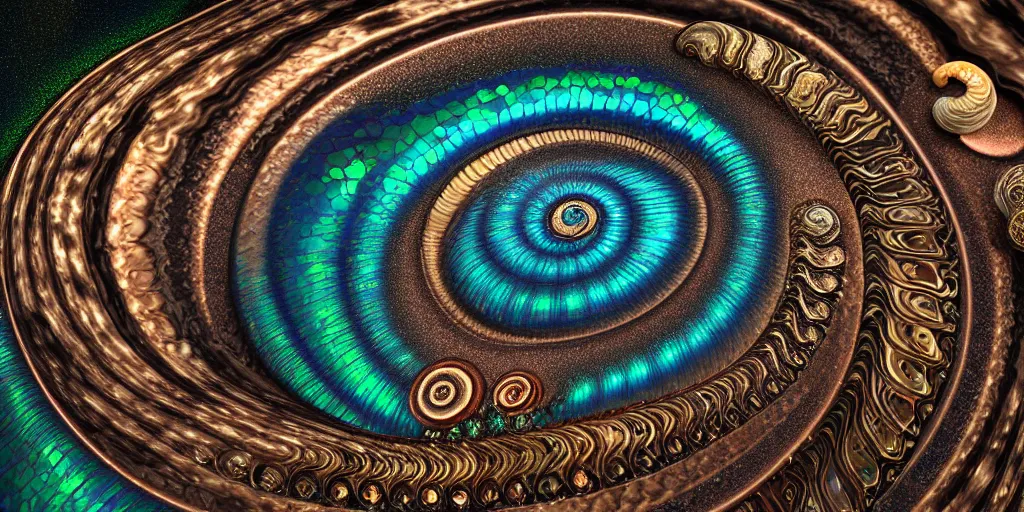 Image similar to cinematic landscape, art nouveau cresting oil slick waves, ammonite, bubbles in a shiny iridescent oil slick wave, black opals, ornate copper patina art nouveau spiral ornament, rococo, organic rippling spirals, hyperdetailed photorealistic ultrasharp octane render