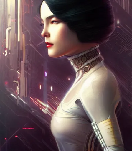 Image similar to portrait of a cyberpunk art deco woman who looks like Akeno Himejima sci-fi, fantasy, intricate, elegant, highly detailed, digital painting, artstation, smooth, sharp focus, illustration, art by artgerm and greg rutkowski and alphonse mucha