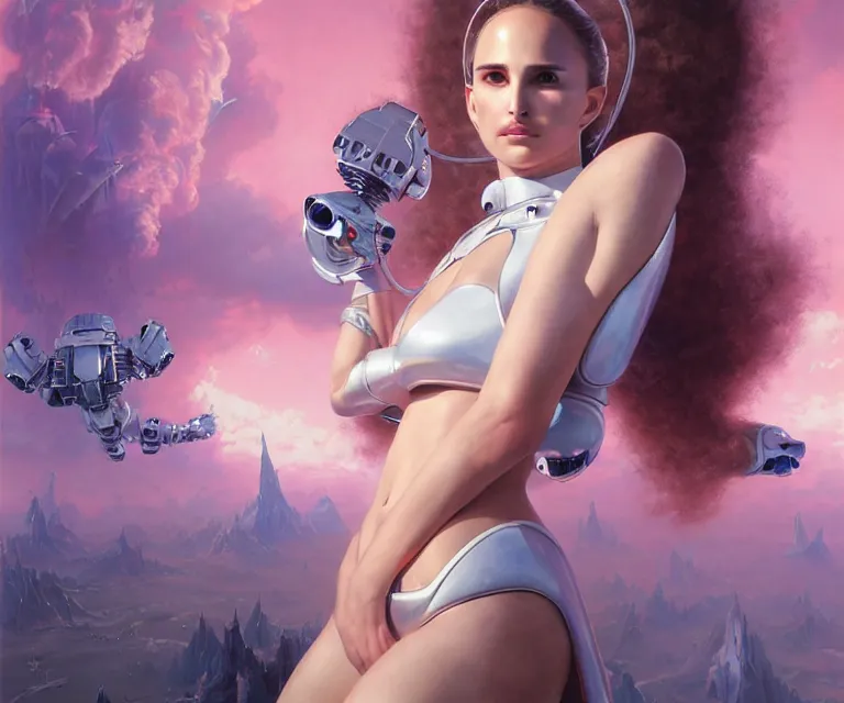 Prompt: beautiful fantasy character portrait, natalie portman, back facing, wearing oversized pink puffy bomber jacket, futuristic chrome drones, ultra realistic, dramatic lighting, robots, back to the future artifacts, highly detailed by peter mohrbacher, hajime sorayama, wayne barlowe, boris vallejo, aaron horkey, gaston bussiere, craig mullins, white bikini