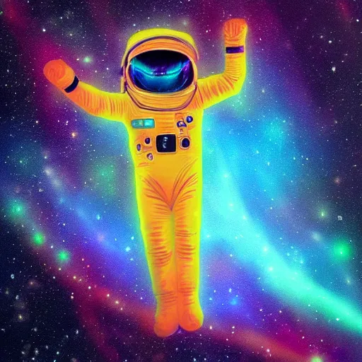 Prompt: a neon astronaut cat flying through the colorful cosmos full of stars , digital art,