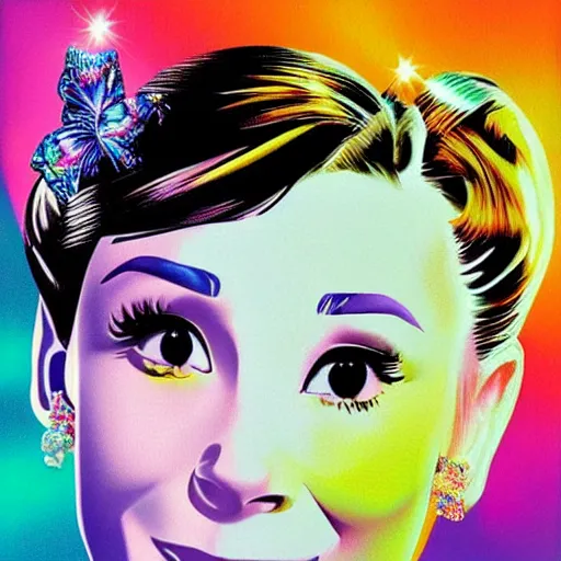 Prompt: beautiful realistic portrait of Audrey Hepburn by Lisa Frank