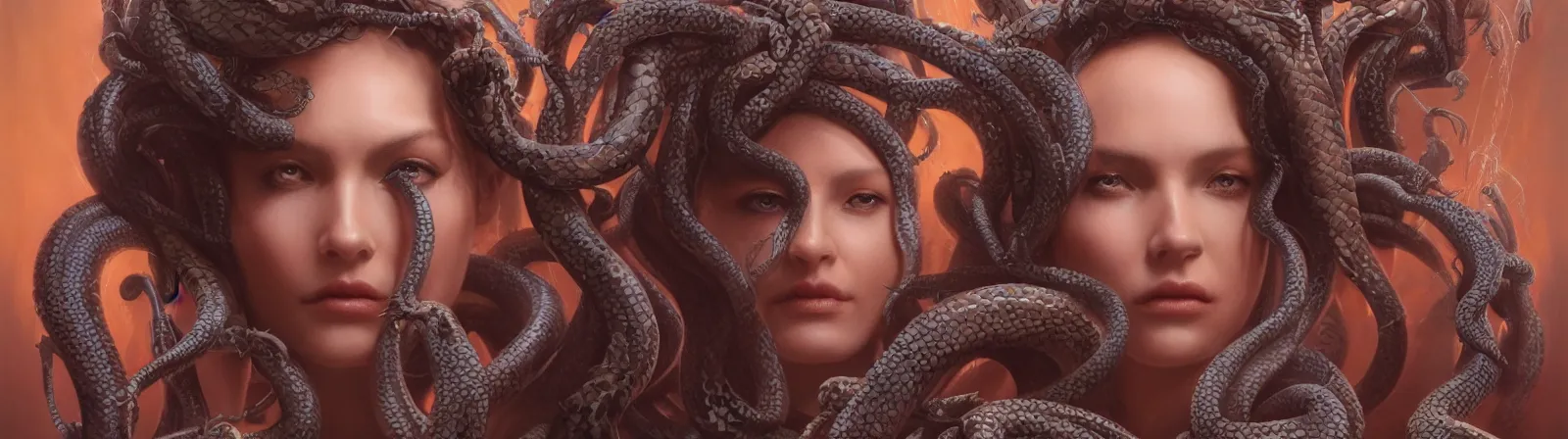 Image similar to beauty woman with snakes for hair, Medusa, detailed face, surrounded by spiders, very detailed, dramatic lighting, electrical details, high details, 4k, 8k, trending on artstation, by Greg Rutkowski, Wayne Barlowe, Hajime Sorayama and Boris Vallejo