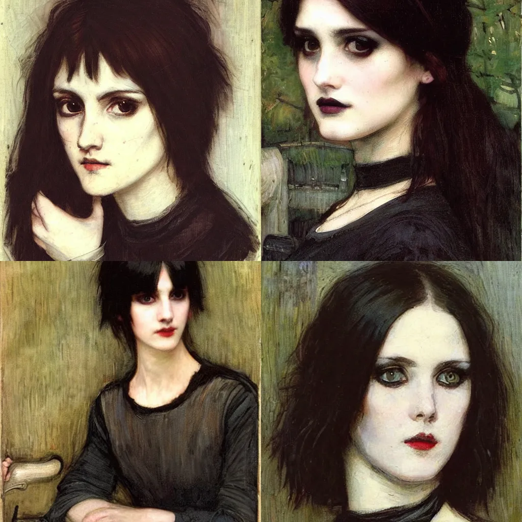 Prompt: a goth portrait painted by john william waterhouse. her hair is dark brown and cut into a short, messy pixie cut. she has a slightly rounded face, with a pointed chin, large entirely - black eyes, and a small nose. she is wearing a black