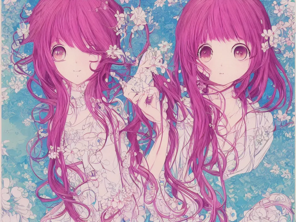 Image similar to colorful blueprint kawaii pink hair anime girl, illustration, intricate, elegant, digital painting, highly detailed, artstation, colorful, beautiful, studio ghibli, hayao miyazaki, takashi murakami, alfons mucha, manga, cute and adorable