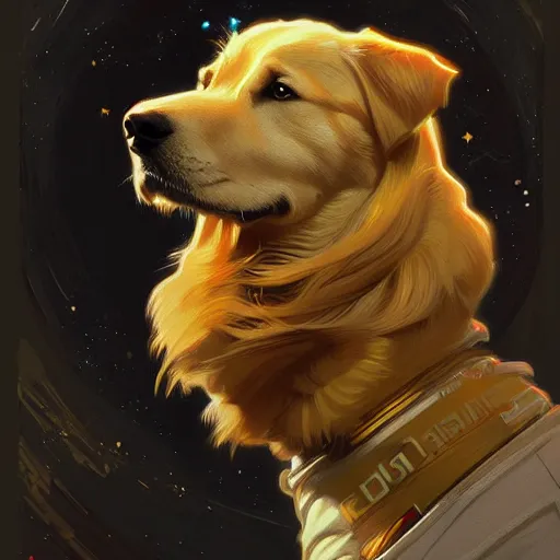 Prompt: a golden retriever in a space suit, highly detailed, digital painting, artstation, concept art, sharp focus, illustration, art by greg rutkowski and alphonse mucha