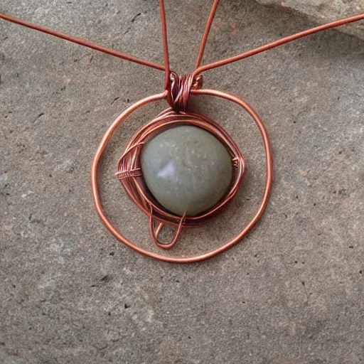 Image similar to beautiful but simple circular amulet made from equal parts bright sandstone and dark sandstone with a small rock shard separating them in the middle, bound together by copper wire and representing powerful love