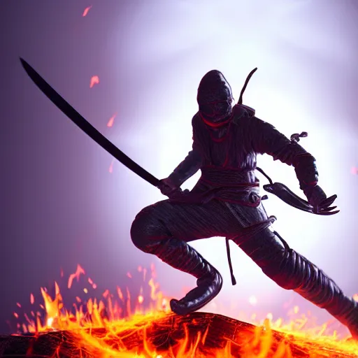 Image similar to a ninja with a sword in a fire background, 3 d render octane, trending on artstation