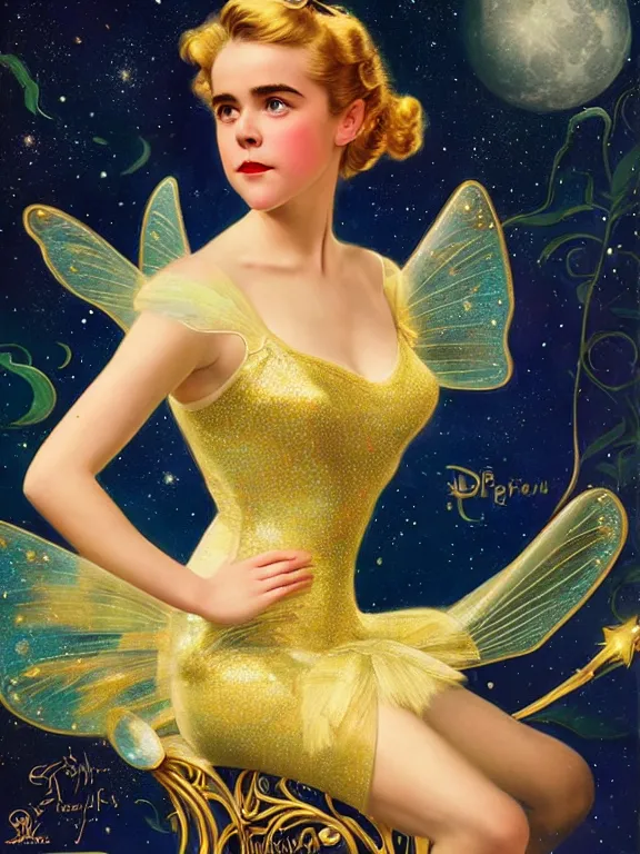 Image similar to kiernan shipka as tinkerbell, a beautiful art nouveau portrait by Gil elvgren, moonlit starry sky environment, centered composition, defined features, golden ratio, gold jewlery