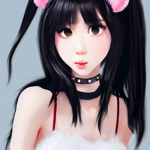 Prompt: realistic beautiful gorgeous natural cute Blackpink Lalisa Manoban black hair cute fur black cat ears, wearing white camisole, headphones, black leather choker artwork drawn full HD 4K highest quality in artstyle by professional artists WLOP, Taejune Kim, Guweiz on Artstation Pixiv