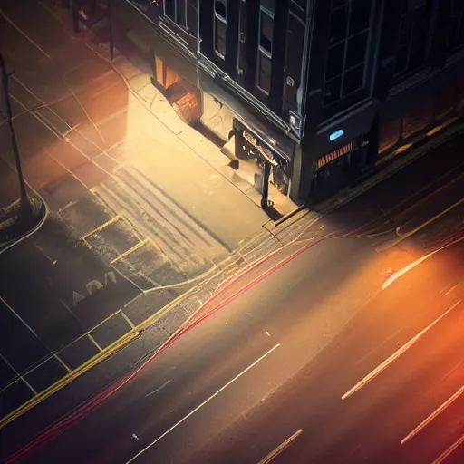 Image similar to A stunningly beautiful award-winning 8K high angle from 2nd floor cinematic movie photograph looking down diagonally across a spooky dark very foggy empty lightless moonlit main street intersection in an abandoned 1950s small town at night. perfect composition, moody low key backlit. Color palette from Seven, greens yellows and reds. 2 point perspective. Octane render, dense fog, no lights