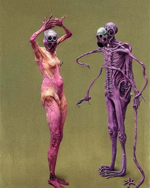 Image similar to two skinny old people with extra limbs, wearing gas masks, bodies wrapped in robes of gold, green and pink, during a biohazard apocalypse, cinematic, dystopian, eerie, horror, gothic, highly detailed painting by Francis Bacon, Beksinski, Esao Andrews, Edward Hopper, surrealism, art by Takato Yamamoto and !!!James Jean!!!